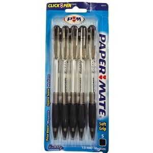 Paper Mate Click Pens 5 Pack Medium Point Black Soft Grip 1.0mm Visibility 2006
